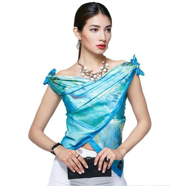 

scarves 90*90cm silk ladies scarf oil painting style digital printing, Blue;gray