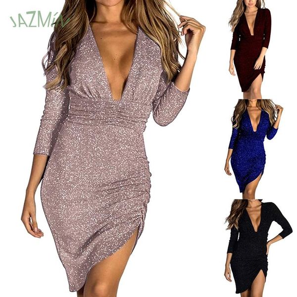 

casual dresses sequined v-neck tight dress irregular hem three-quarter sleeves pleated temperament vestidos mujer banquet low-cut sexy, Black;gray