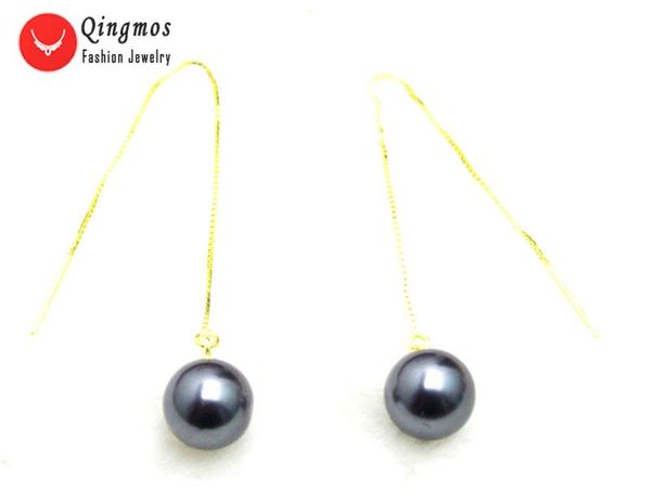 

qingmos 10mm black round sea shell pearl earring for women with gold-color sterling silver s925 ear line dangle 4'' e657 & chandel