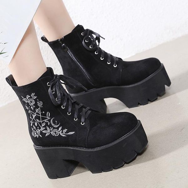 

boots winter embroidered round-toe thick-heeled platform short-tube fashion warm elastic lace-up shoes women, Black