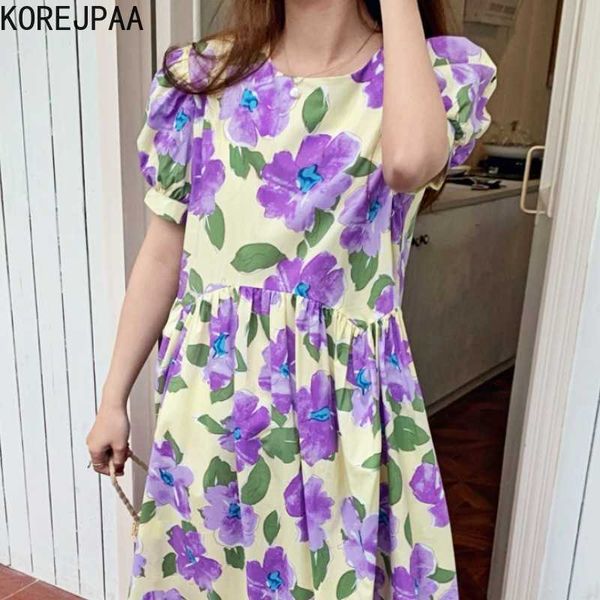 Korejpaa Vestido de mujer Verano Corea Chic Retro Estampado de flores Pintura al óleo Calado Diseño sin espalda Manga de burbuja suelta Vestido 210526