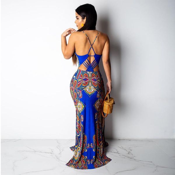 

printed maxi party trumpet dress women spaghetti strap open back bodycon vintage v neck high waist floor length casual dresses, Black;gray