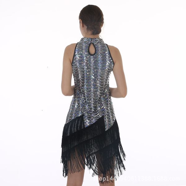

show casual dresses small sequined fringed high collar dress, Black;gray