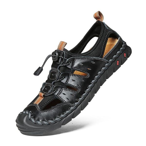 

sandals big size men fashion genuine leather outdoors non-slip summer shoes covers toe sandal handmade sandales zapatos hombre, Black