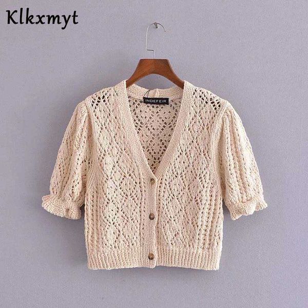 

klkxmyt za women fashion v neck jacquard mesh hollow out crochet cropped knitted sweater female chic cardigans 210527, White