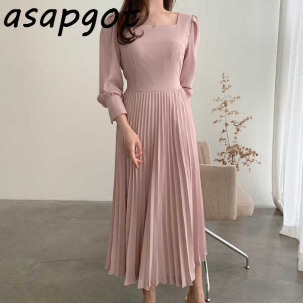 Französisch Temperament Koreanische Chic Frühen Herbst Taille Schlank Square Neck Plissee Kleid Frau Knöchel Länge Solide Sanfte Lange 210610