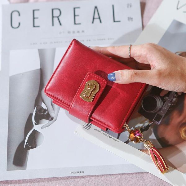 

wallets ladies short wallet retro zipper luxury folding mini square brand designer card bag tassel handmade, Red;black