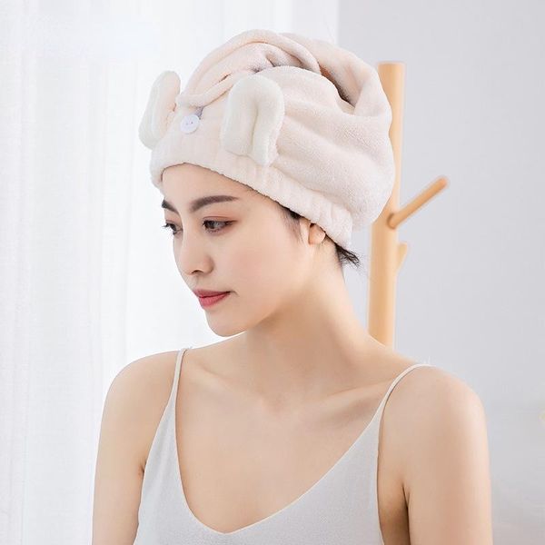 

towel ears coral fleece hair women's super absorbent and quick-drying double-layer with button shower cap