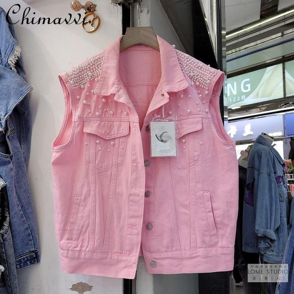 

women's vests korean fashion bead denim vest 2021 spring and autumn loose sleeveless jacket all-match streetwear multi-color, Black;white