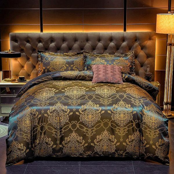 

bedding sets luxury home textile jacquard soft satin silky down cover pillowcase set with zipper seal, medium size double bed