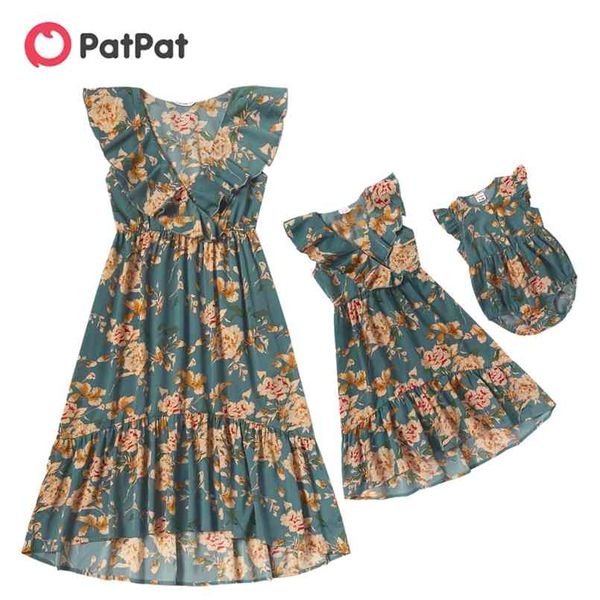 

summer mommy and me floral print flounce v-neck sleeveless dresses 210528, Blue