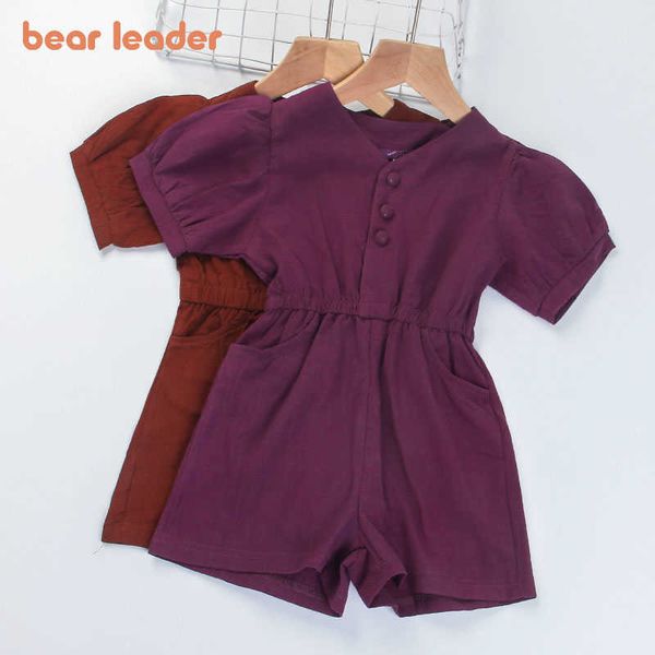 Bärenführer Mädchen Mode Lässige Overalls Sommer Kinder Baby Button Fly Kleidung Einfarbig Puffärmel Bodys Für 3-7Y 210708