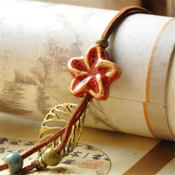 

pendant necklaces sea mew fashion ceramic flower bead leaf long necklace soft rope sweater for women girl's gift, Silver