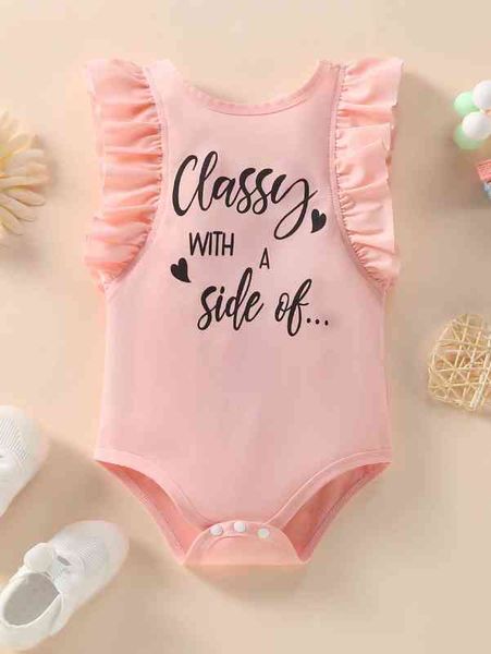 

baby heart & slogan graphic ruffle trim bodysuit she, Blue