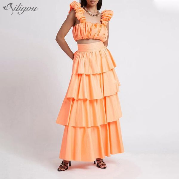 

two piece dress ailigou 2021 summer women's 2-piece two-piece ruffled sleeveless and mid-length skirt celebrity party casual set, White