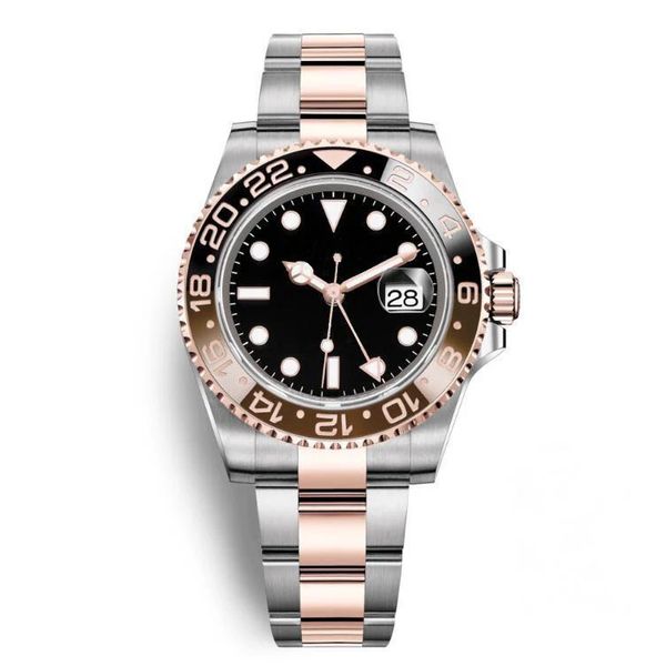 

wristwatches classic men automatic mechanical rose gold silver black ceramic bezel gmt stainless steel sapphire luminous watch, Slivery;brown