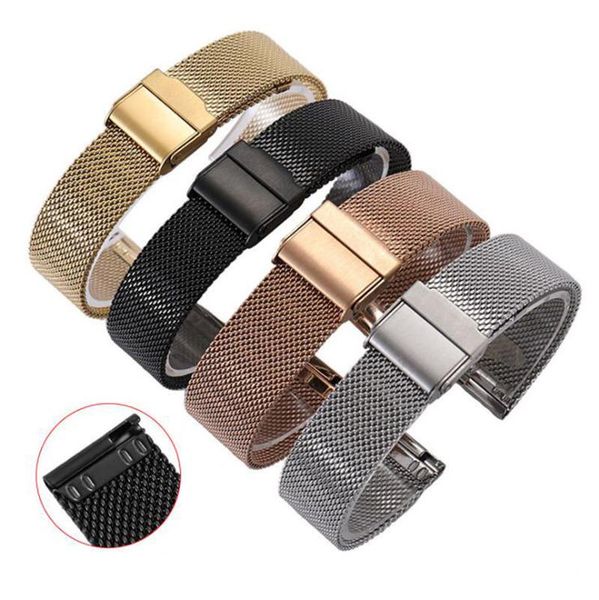 

watch bands stainless steel band wristband metal double buckle small size 12mm 14mm 16mm 18mm 20mm 22mm adjustable fit for women men, Black;brown