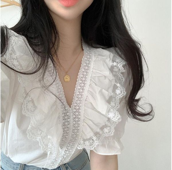 

white lace half sleeve blouse korean elegant shirt womens and blouses v-neck clothes 2021 beach tunic women's & shirts