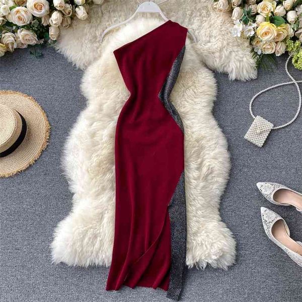 

summer women's dress slanted shoulder collar color matching skirt woman fashion slim waist es gx057 210507, Black;gray