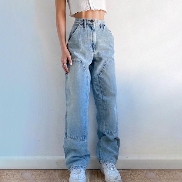 

women's jeans baggy loose long casual work pants women washed spliced jean female cotton trousers big pocket stright clothes blue denim