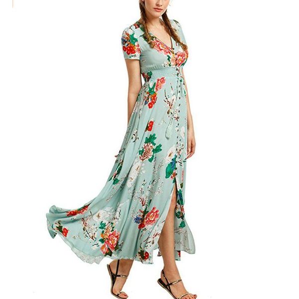 

casual dresses y166 women vacation cotton v-neck button up drawstring waist maxi long flowy dress bohemian floral print split pleated party, Black;gray
