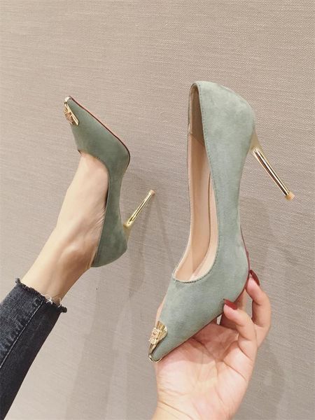 

dress shoes 2021 spring and autumn metal pointed toe stiletto high heels all-match shallow mouth ladies single, Black