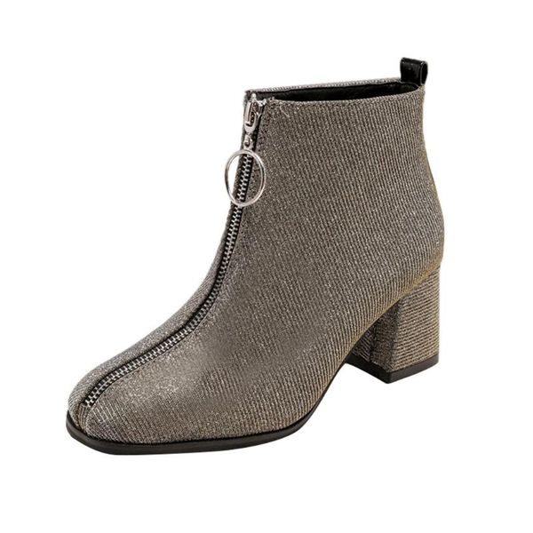

boots ladies zipper shoes woman fashion sequined cloth boot front womens square toe, Black