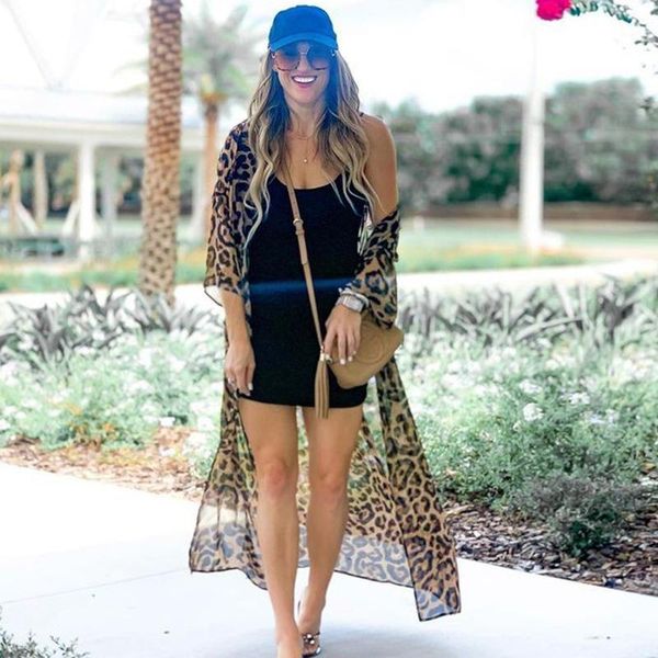 

women's swimwear chiffon leopard point bikini cover-ups pareo beach robe dresses large sizes swimsuit loose vacation cardigan, White;black