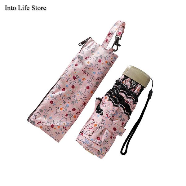 Pequeno mini guarda-chuva chuva mulheres saco de sol praia uv bolso laço rosa cinco guarda-chuvas dobrável guarda-sóis presente idéias upf50 +