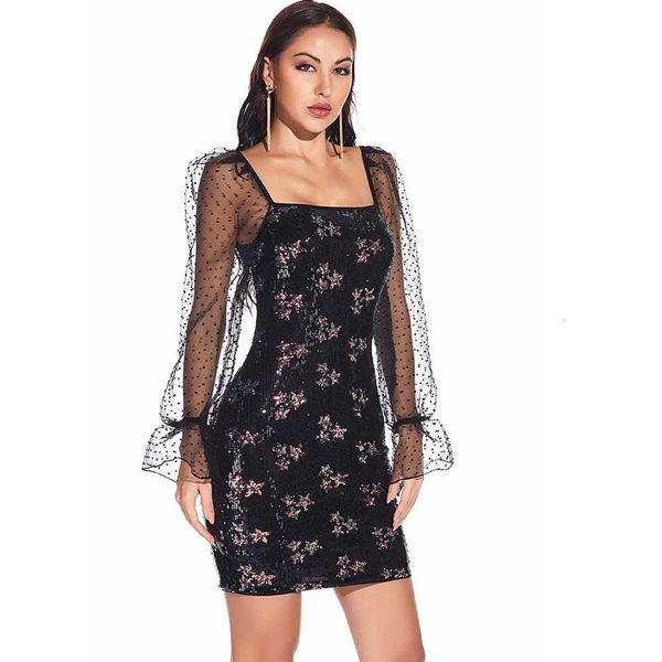 

luxury evening party dresses mh long sleeve patchwork sequin dr's, Black