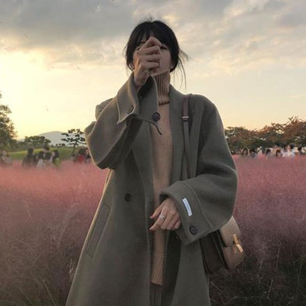 

women's wool & blends coat 2021 autumn winter korean style thickening warm long plus size lapel female hepburn woolen, Black
