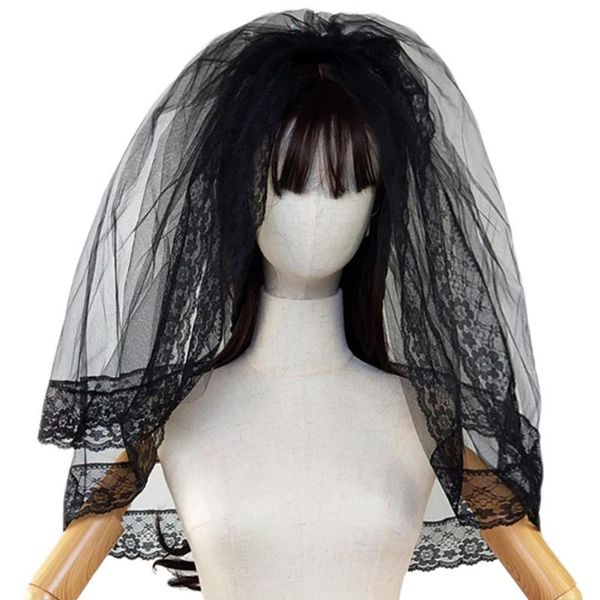 

bridal veils women black tulle veil with comb halloween cosplay cool queen lolita witch 2 layer elbow-length lace edge elegant