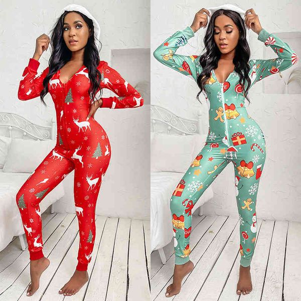 

2021 autumn winter casual women's hooded christmas printed home clothes v-neck jumpsuit women, Black;red