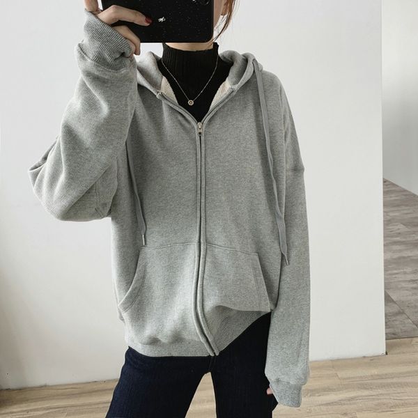 

women's hoodies & sweatshirts terry thick sanding zip jackets spring long sleeve making simple solid jacket casual, Black