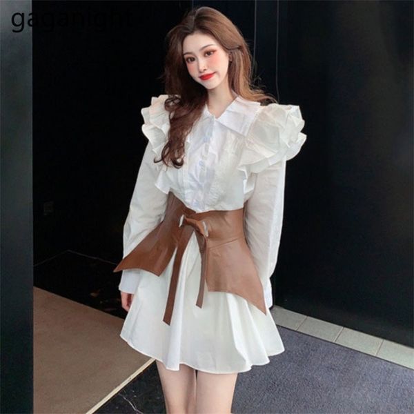 Ruffles Fashion Women Mini Short Shirt Dress Solid Long Sleeve Lady Abiti Primavera Autunno Abiti coreani con cintura 210601