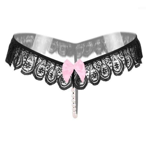 

women pearl thong open crotch lace erotic panties 6 colors transparent sexi g string lingerie briefs ladies underwear women's, Black;pink