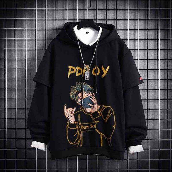 

autumn korean hip hop trend printed sweater men's fake two-piece ins hoodie loose coat2021, Black