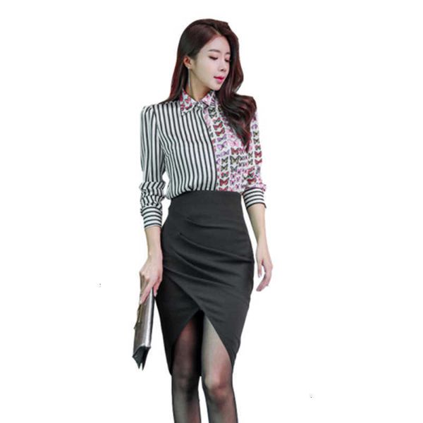 

two piece dress 2 women suit spring office long sleeves printing shirt blouse +pencil skirts crop skirt set vnxd, White