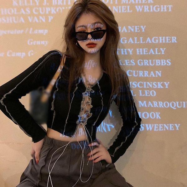 

women's t-shirt v neck korean version unique design hollow out slim navel exposed long sleeved patchwork clothes black, White