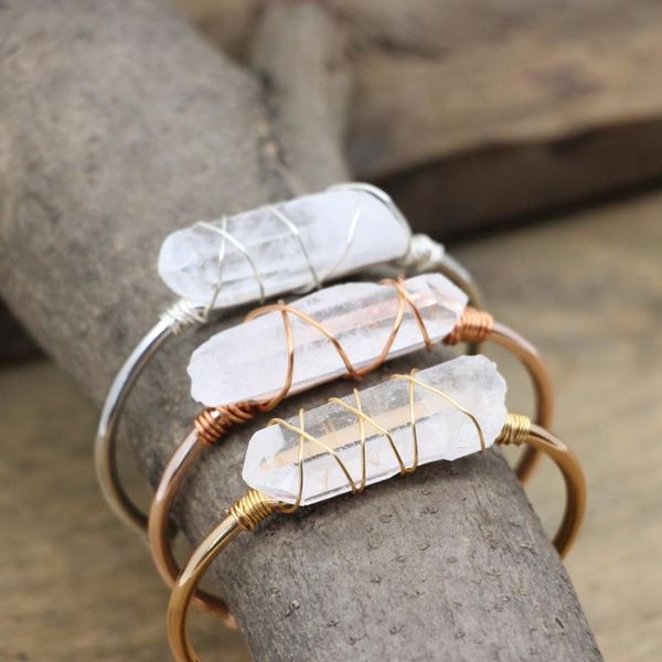 

bangle natural white quartz point open cuff bangles rose gold brass wire wrap raw crystal fashion women summer bracelet jewelry qc2052, Black