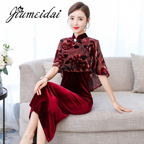 

jiumeidai women autumn velvet dress lady elegant stand collar long dresses female cloak sleeves fashion party clothing plus size casual, Black;gray