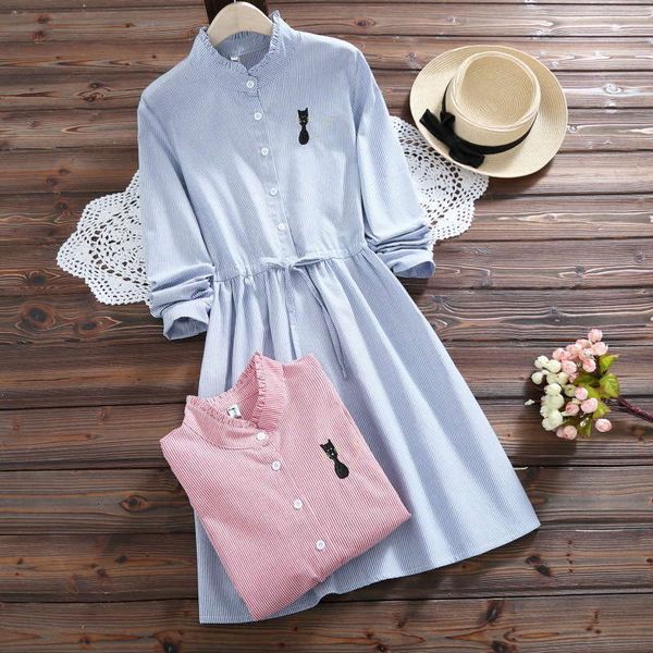 

casual sennv spring dresses cat embroidered college lace up waist dress, Black;gray