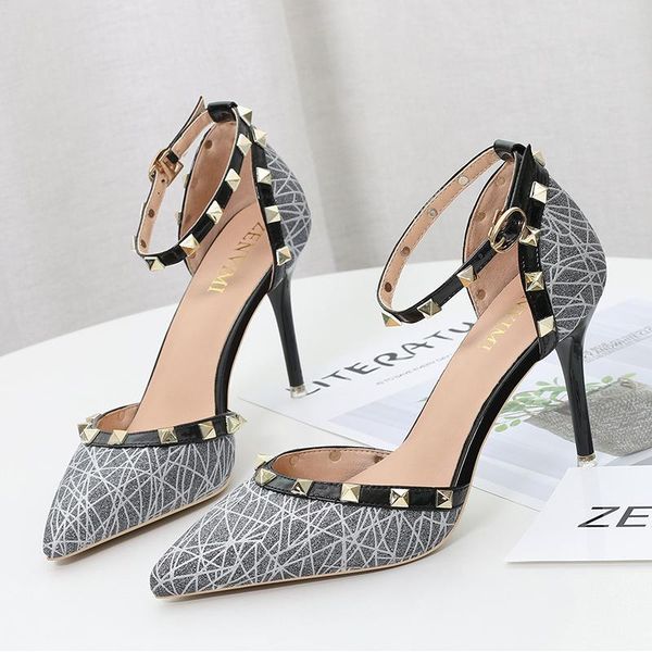 

dress shoes fashion rivet women's sandals pointed thin heel high banquet wedding ceremony, Black