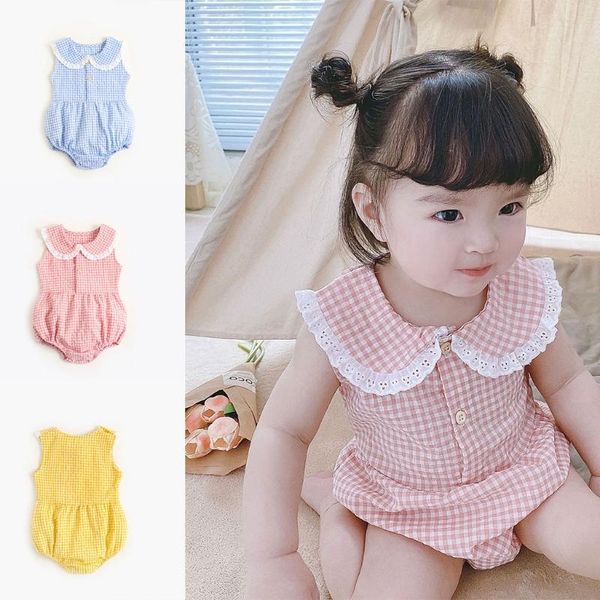 

rompers born infant baby girl sleeveless romper summer lapel button plaid printed jumpsuit snap crotch bodysuit overalls, Blue
