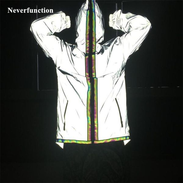 

men's jackets men long section colorful full reflective hooded streetwear hip hop dancer windbreaker waterproof casual coats, Black;brown