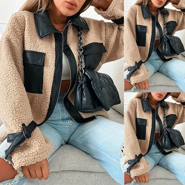 

women's jackets ins ladies black leather splicing winter sip up lamb wool warm single-breasted cardigan jacket casaco teddy femenino, Black;brown