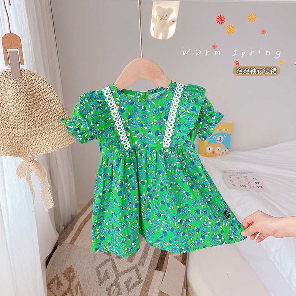 

girls floral dress puff sleeve green color kids summer clothes 2021 korean style birthday baby costume girl's dresses, Red;yellow