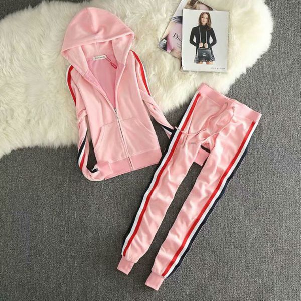 

senior slim brand juicy lovers striped sports suit velvet yoga jogging women's tracksuits hooded collar women sportswear suitsthe femal, Gray