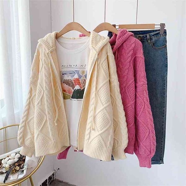 

korean winter pink sweater cardigans hooded knit sweaters loose oversized christmas knitted coat female clothing 210430, White