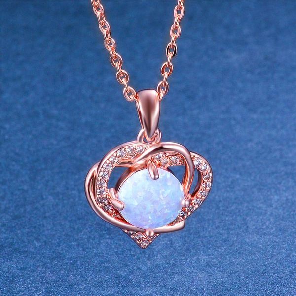 

pendant necklaces cute heart white blue fire opal necklace luxury female big round stone boho rose gold chain for women, Silver